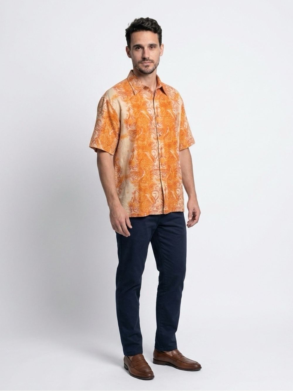 Syllables Men's Camp Shirt XL Orange & Cream Paisley Short Sleeve Button
